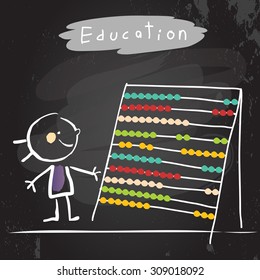 Niño feliz con ábaco. Ilustración de vectores educativos, tiza en dibujo de doodles dibujado a mano en pizarra. 