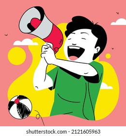 Happy kid announcing in Handheld Megaphone loudspeaker