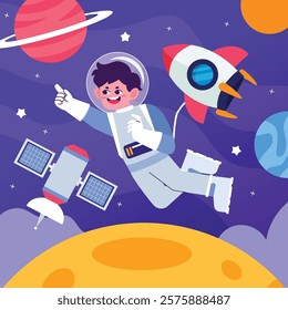 Happy kid astronaut floating in outer space near rocket and planets with colorful background. Space exploration concept