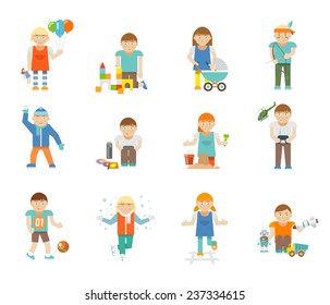 Happy kid avatars playing football blocks toys set isolated vector illustration