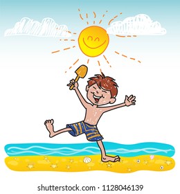 Happy kid in beach. vector illustration of boy,  hand drown