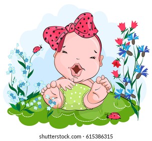 Happy kid with a big bow on her head. The baby laughs in the meadow in flowers