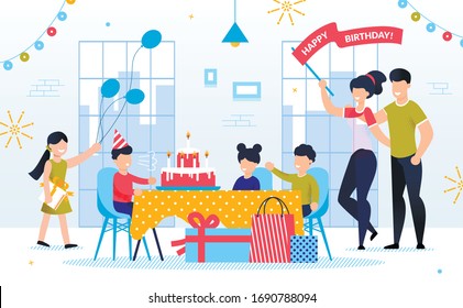 Happy Kid Birthday Celebration with Family and Friend. Boy Child Blowing Candle on Festive Cake. Children Giving Gift. Mother and Father Congratulate Son. Decorated Room Interior. Vector Illustration