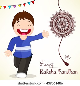 Happy kid or boy celebrating Indian festival Raksha Bandhan greeting card design with floral decorated line art Rakhi design. 