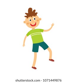 Happy kid boy dancing and having fun - cute flat cartoon character of little male dancer isolated on white background. Vector illustration of adorable positive child.