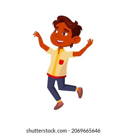 Happy Kid Boy Dancing And Walking Outdoor Vector. Happiness Hispanic Little Child Walk With Smile In Park. Character Infant Celebrate Victory In Game With Friend Flat Cartoon Illustration