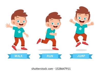 happy kid boy do wak run jump