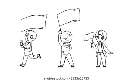happy kid boy flag vector. child s, celebration person, cute young happy kid boy flag character. people black line pencil drawing illustration
