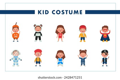 happy kid boy and girl toddler wear various costume or dress for party or carnival