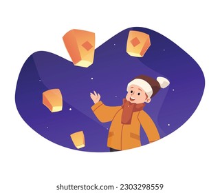 Happy kid boy in hat watching on flying lanterns flat style, vector illustration isolated on white background. Lantern festival holiday, decorative design element, night