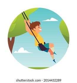 Happy kid boy having fun on rope swing. Child swinging in park on amusement attractions or playground outdoor at summer leisure. Flat cartoon vector illustration.