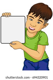 Happy kid boy holding blank banner sign