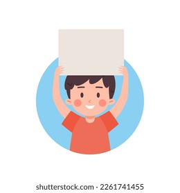 Happy kid boy holding paper overhead flat style, vector illustration isolated on white background. Empty paper sheet, design element, glad child character