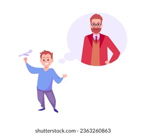 Niño feliz con juguete plano se imagina a sí mismo como un estilo plano adulto, ilustración vectorial aislada en fondo blanco. Futuro y crecimiento, elemento de diseño decorativo, carácter sonriente