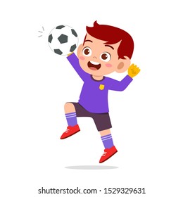 happy kid boy play soccer as goalkeeper