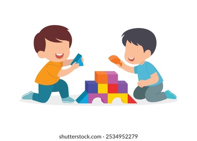 Menino feliz brincando de bloco de brinquedos juntos. Sorrindo crianças animadas personagem de desenho animado com brinquedo. ilustração vetorial