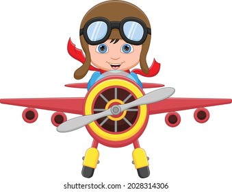 Happy kid boy riding a plane on white background
