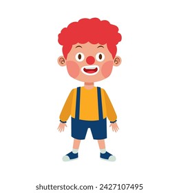 happy kid boy wear clown costume with wig and red nose for party celebrate cute illustration