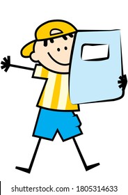 Happy kid, boy with workbook, funny vector illustration