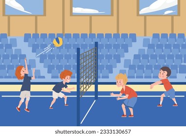 Happy kid boys playing volleyball at stadium scene flat style, vector illustration. Popular sport game, competition and training, active children. Professional sport and hobby, volleyball kids