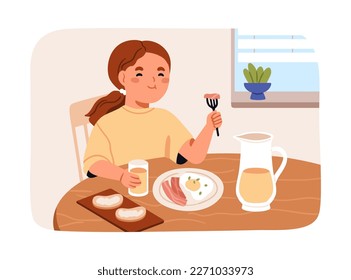 Happy kid at breakfast. Cute girl eating food, sitting at dining table in morning. Smiling little child enjoying fried eggs, bacon and orange juice in glass at home. Flat vector illustration