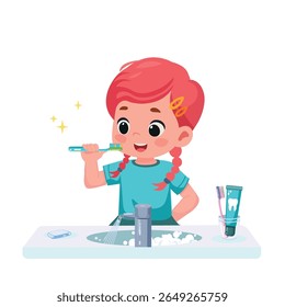 happy kid brushng teeth for daily personal care cartoon vector illustration