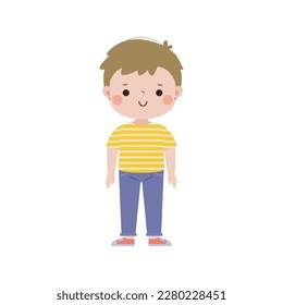 Happy kid cartoon character flat style, cute little child standing isolated on white background.