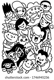 Colección de doodles de dibujos animados de niños felices, Vector dibujado a mano Ilustración de Doodle, dibujo de herramientas de línea de ilustrador,Diseño plano