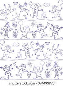 Happy kid cartoon doodle. In the style of children's drawings. Seamless pattern. Freehand drawing. Vector illustration. Isolated on white background