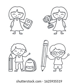 Happy kid cartoon doodle vector collection. various style such us Holds books, trophies, bags and pens