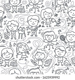 Happy kid cartoon doodle vector collection. various various activities such us Watering plants, singing, reading books, exercising, dancing and painting