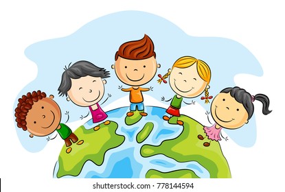 Happy kid cartoon standing around the world