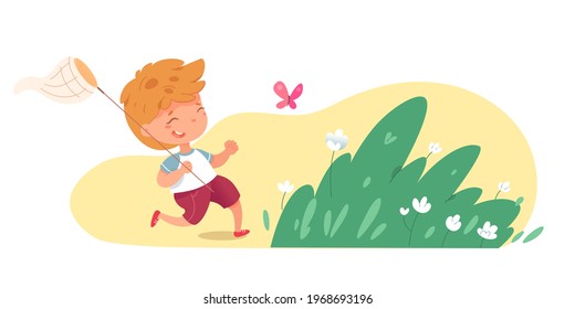 Happy kid catching butterfly in park on summer day. Boy having fun playing during holiday vacation. Cute child running and laughing on playground. Outdoor activities in nature vector illustration