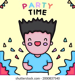 happy kid celebrate birthday party. cartoon illustration for design poster and background.