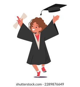 Happy Kid Character Dressed In A Graduation Gown And Cap, Receives Degree With A Beaming Smile Isolated On White Background. Little Girl Bachelor Celebrate Success. Cartoon People Vector Illustration