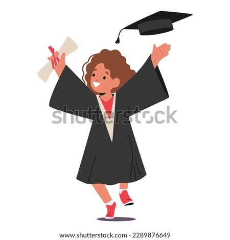Happy Kid Character Dressed In A Graduation Gown And Cap, Receives Degree With A Beaming Smile Isolated On White Background. Little Girl Bachelor Celebrate Success. Cartoon People Vector Illustration