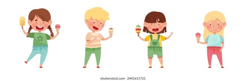 Happy Kid Character Eating Ice Cream Enjoy Frozen Dessert Vector Set