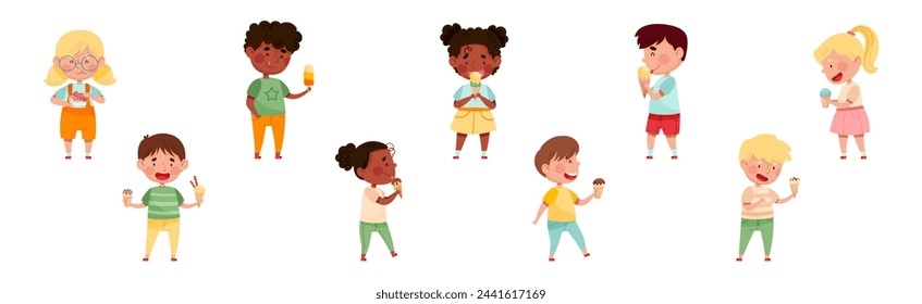 Happy Kid Character Eating Ice Cream Enjoy Frozen Dessert Vector Set