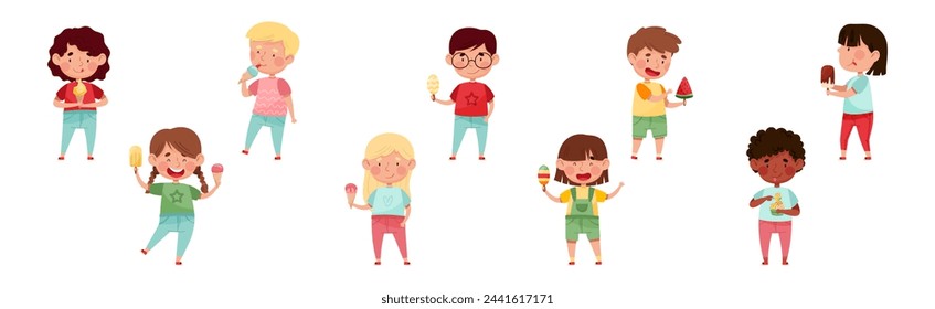 Happy Kid Character Eating Ice Cream Enjoy Frozen Dessert Vector Set