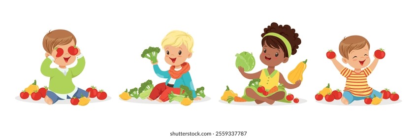 Happy Kid Character Harvesting Ripe Vegetables Vector Set