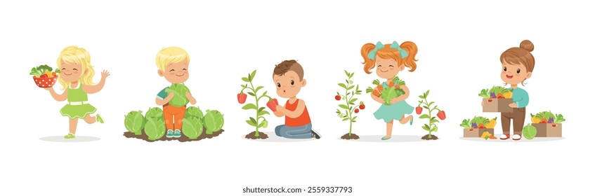 Happy Kid Character Harvesting Ripe Vegetables Vector Set