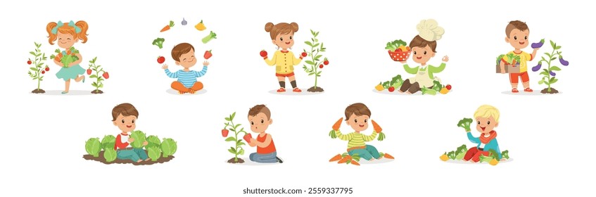 Happy Kid Character Harvesting Ripe Vegetables Vector Set