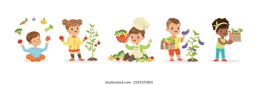 Happy Kid Character Harvesting Ripe Vegetables Vector Set