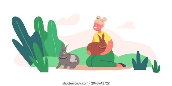 Happy Kid Character Playing and Feeding Cute Little Rabbits in Contact Zoo Park. Girl Care of Animals, Excursion to Ranch or Village Farmyard, Summer Spare Time, Leisure. Cartoon Vector Illustration