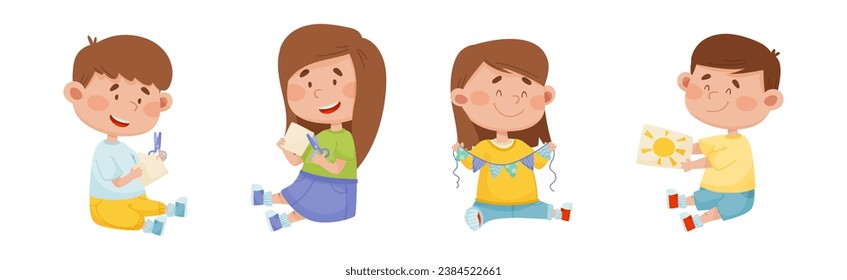 Happy Kid Characters Make Paper Applique Vector Set