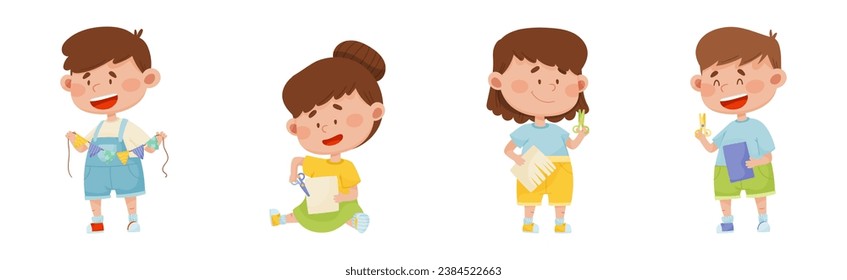 Happy Kid Characters Make Paper Applique Vector Set