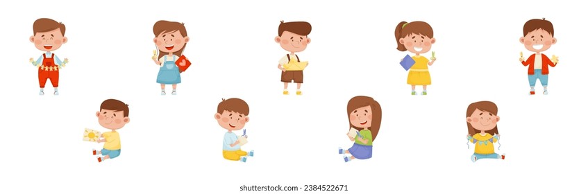 Happy Kid Characters Make Paper Applique Vector Set