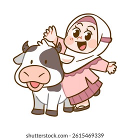 Happy Kid with Cheerful Cow Celebrating Eid al-Adha