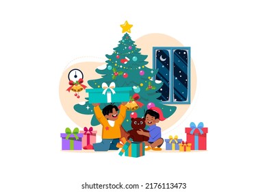 Happy kid with Christmas gifts flat illustration concept on white background