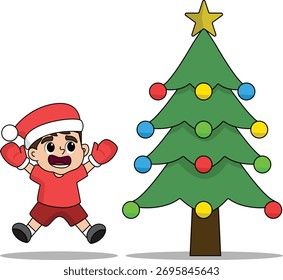 Happy Kid with Christmas Tree
